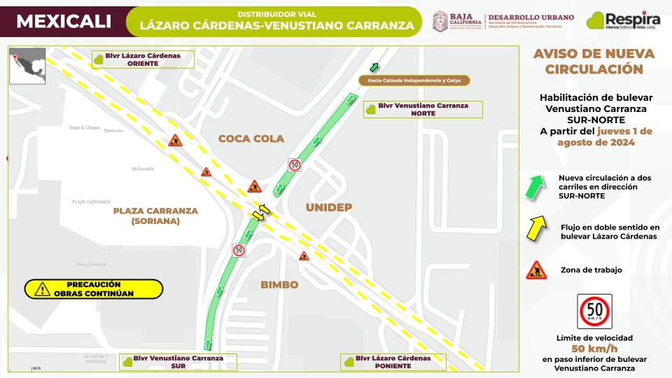 Habilita SIDURT paso inferior en distribuidor vial Lázaro Cárdenas y Venustiano Carranza en Mexicali