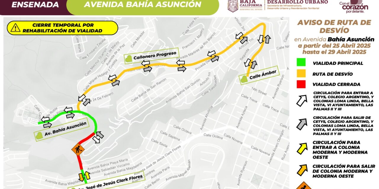 ANUNCIA SIDURT AJUSTE DE CIRCULACIÓN POR OBRAS EN AVENIDA BAHÍA ASUNCIÓN EN ENSENADA