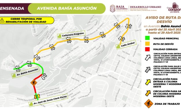 ANUNCIA SIDURT AJUSTE DE CIRCULACIÓN POR OBRAS EN AVENIDA BAHÍA ASUNCIÓN EN ENSENADA