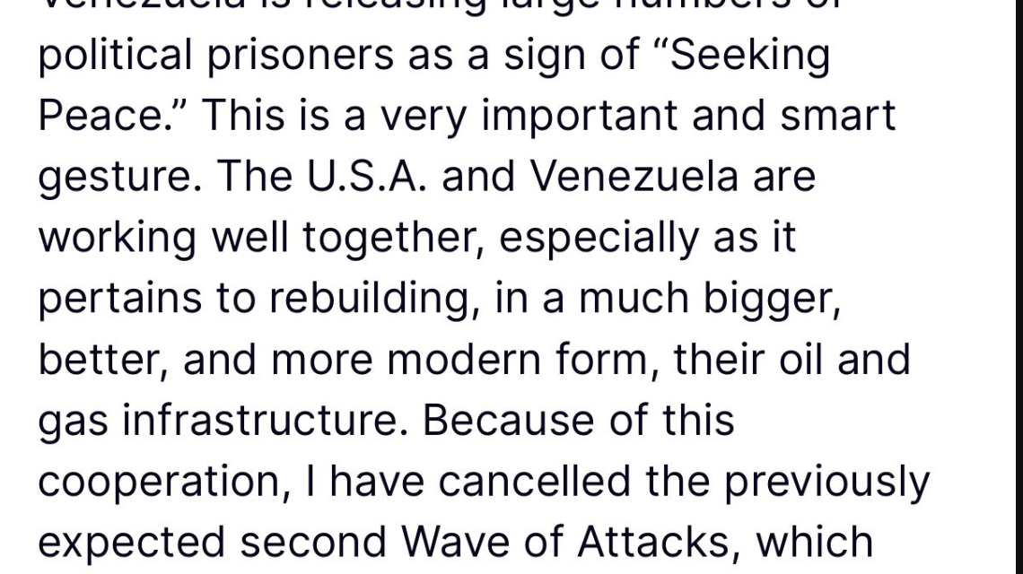 «He cancelado la segunda ola de ataques prevista previamente contra Venezuela», dice Trump, tras liberación de Presos Políticos