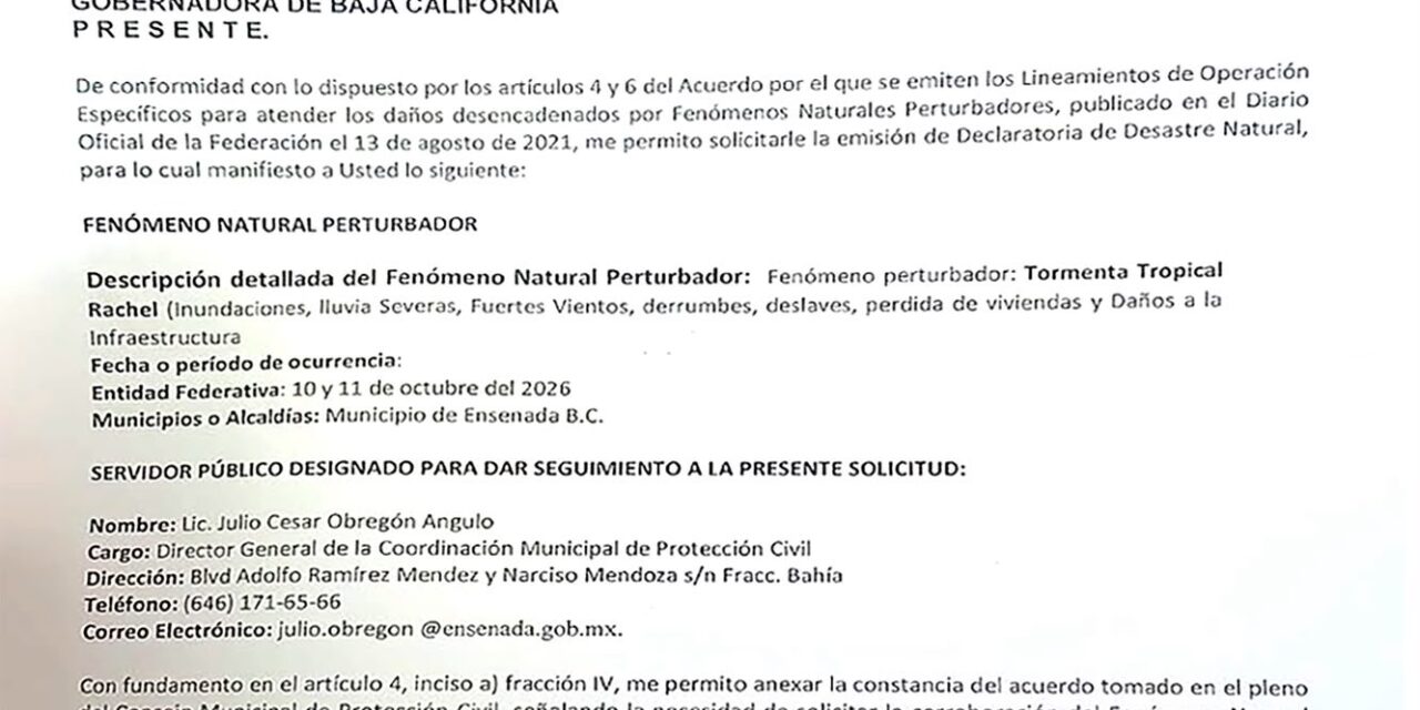 SOLICITA CLAUDIA AGATÓN DECLARATORÍA DE DESASTRE NATURAL PARA ENSENADA