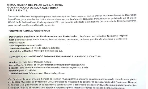 SOLICITA CLAUDIA AGATÓN DECLARATORÍA DE DESASTRE NATURAL PARA ENSENADA